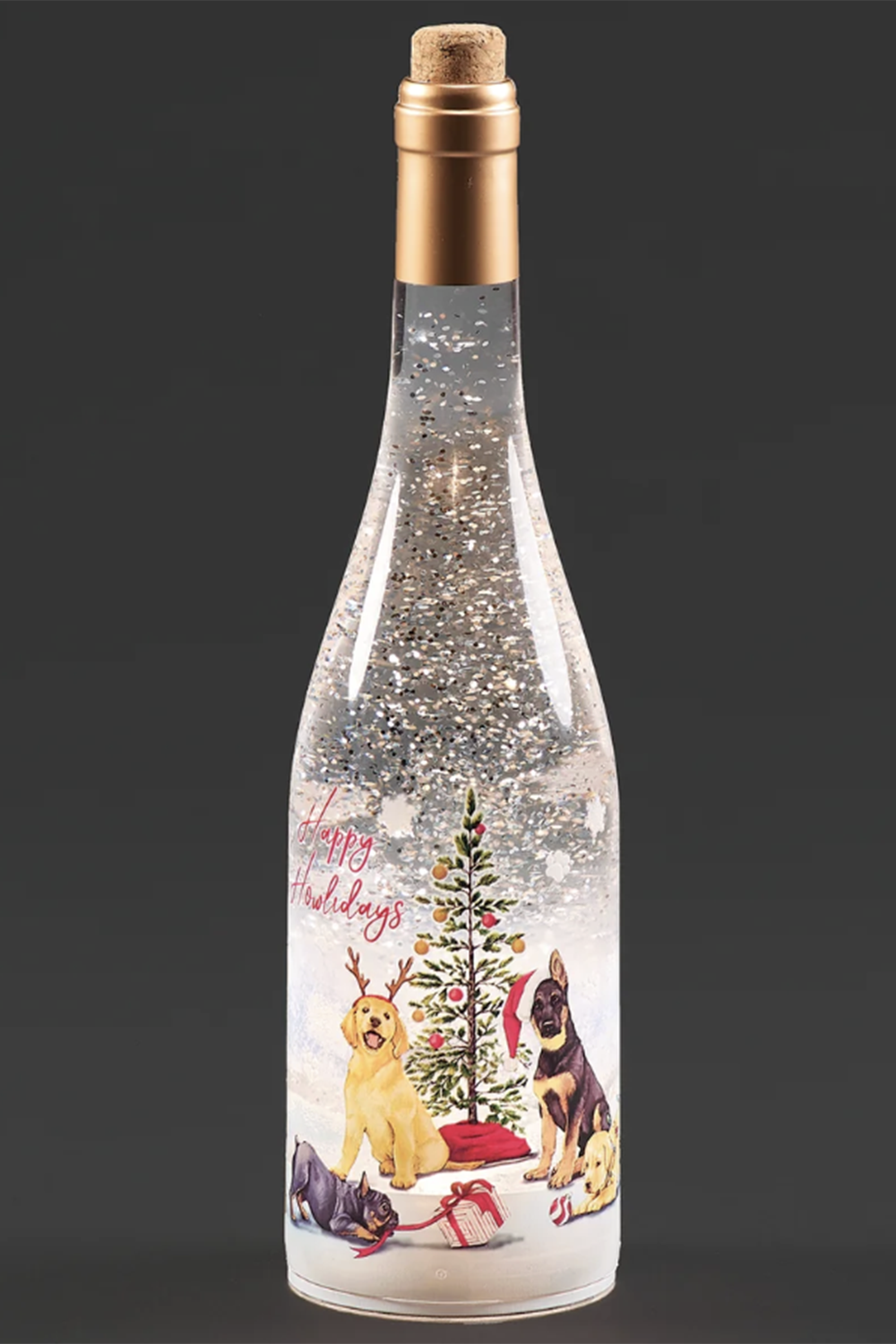 RM Lighted Swirl Happy Howlidays Dog Wine Bottle