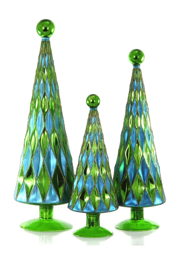 Mid Century Diamond Glass Tree Figure - Blue & Green