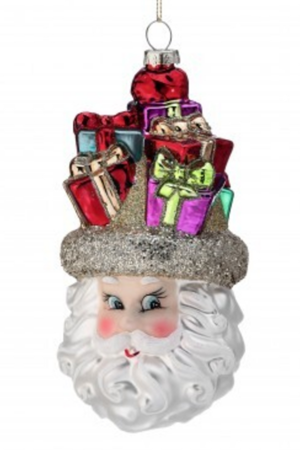 Glass Ornament - Santa Head with Presents