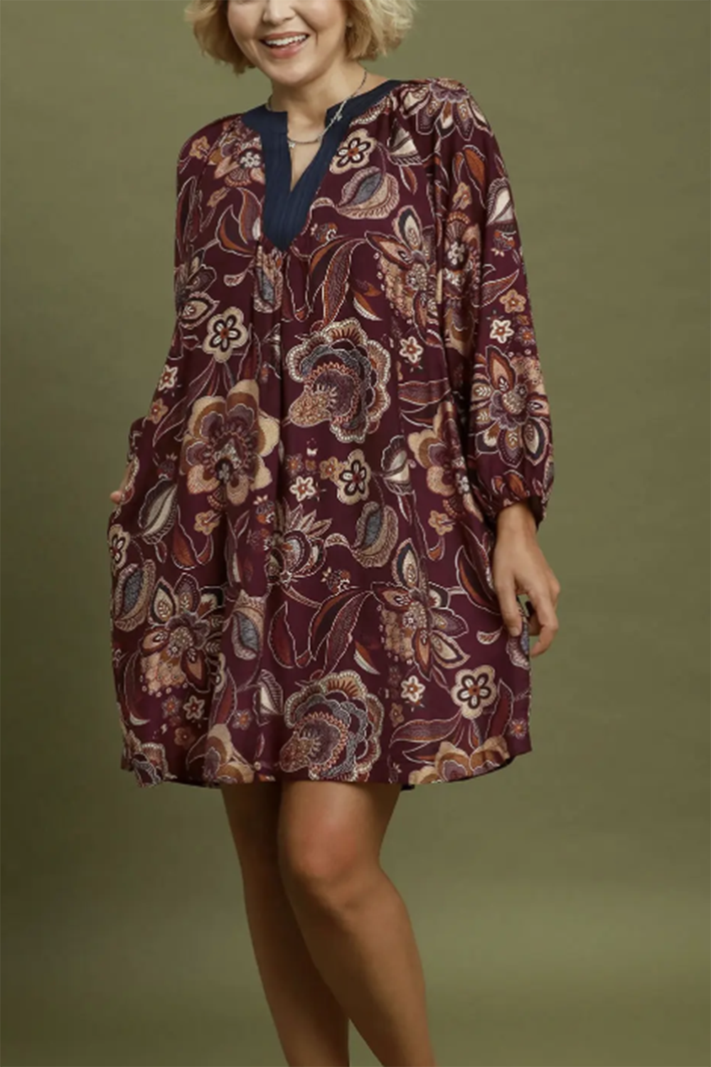 Floral Paisley Split Neck Mini Dress - Maroon