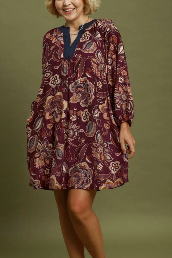 Floral Paisley Split Neck Mini Dress - Maroon