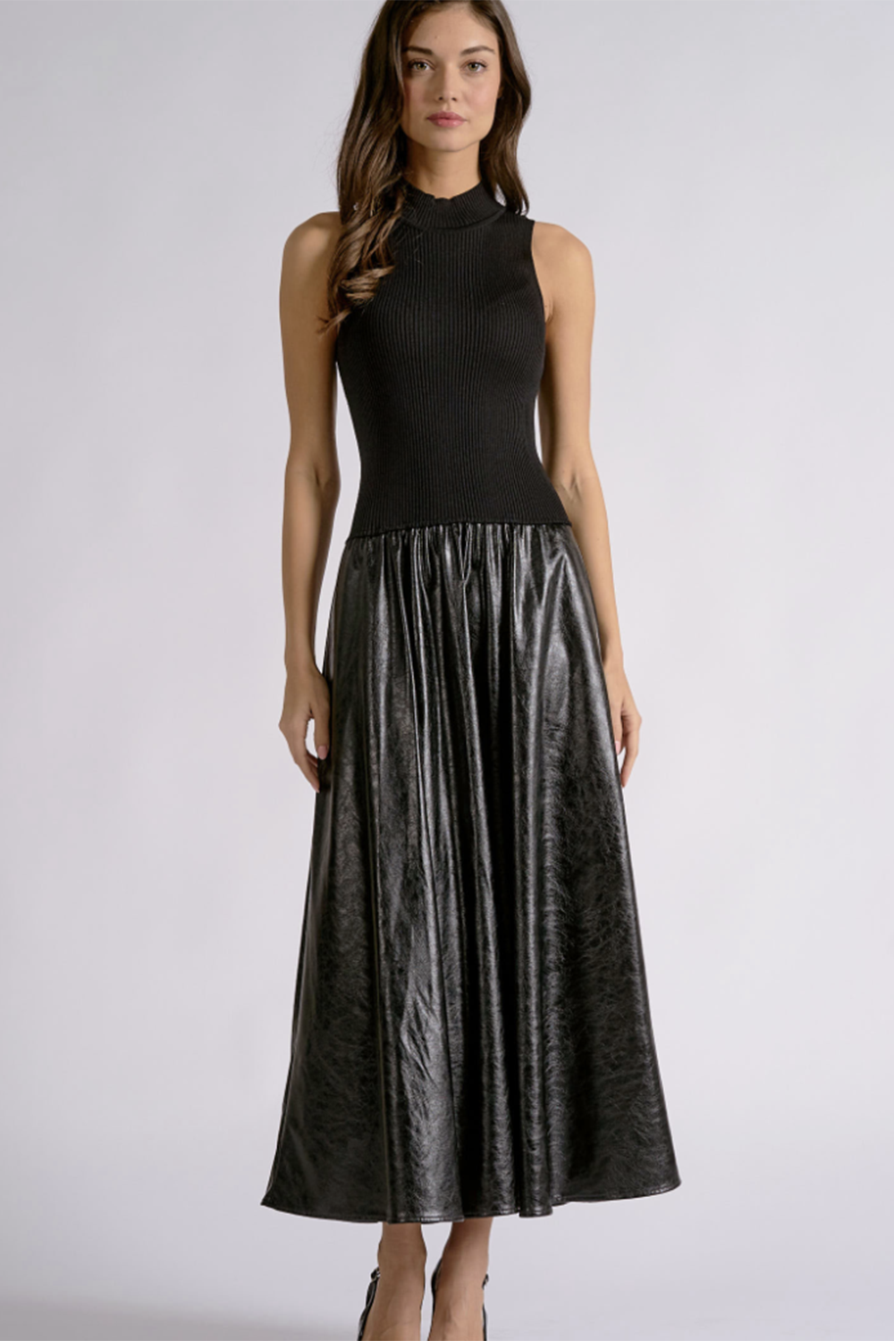 EL Maxi Faux Leather + Mock Neck Sleeveless Dress - Black