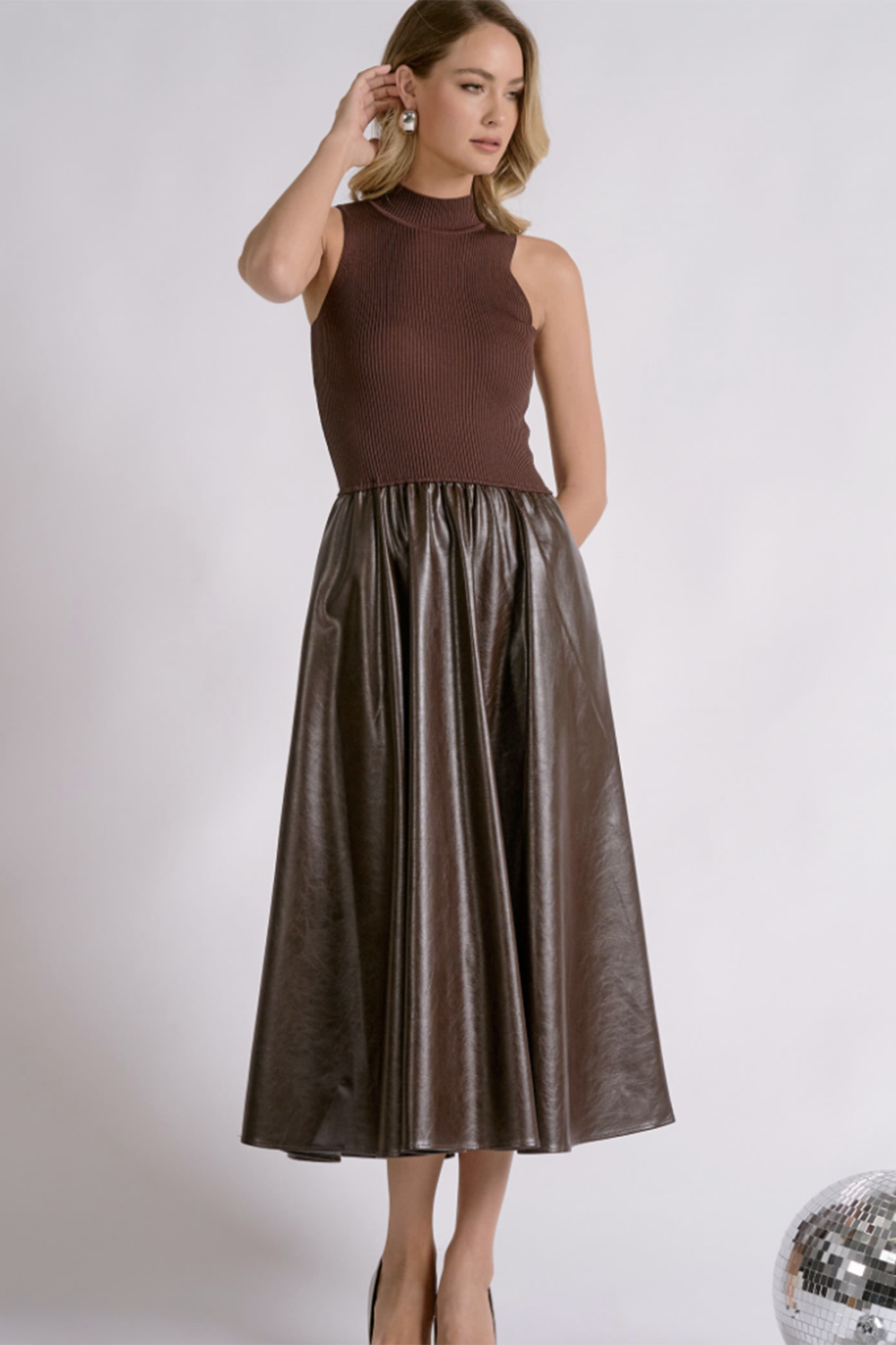 EL Maxi Faux Leather + Mock Neck Sleeveless Dress - Espresso Brown