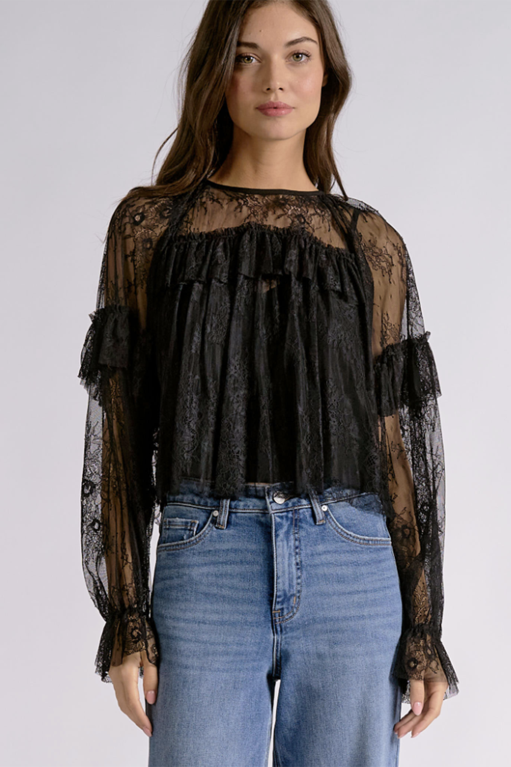 EL Long Sleeve Ruffle Sheer Panel Top - Black