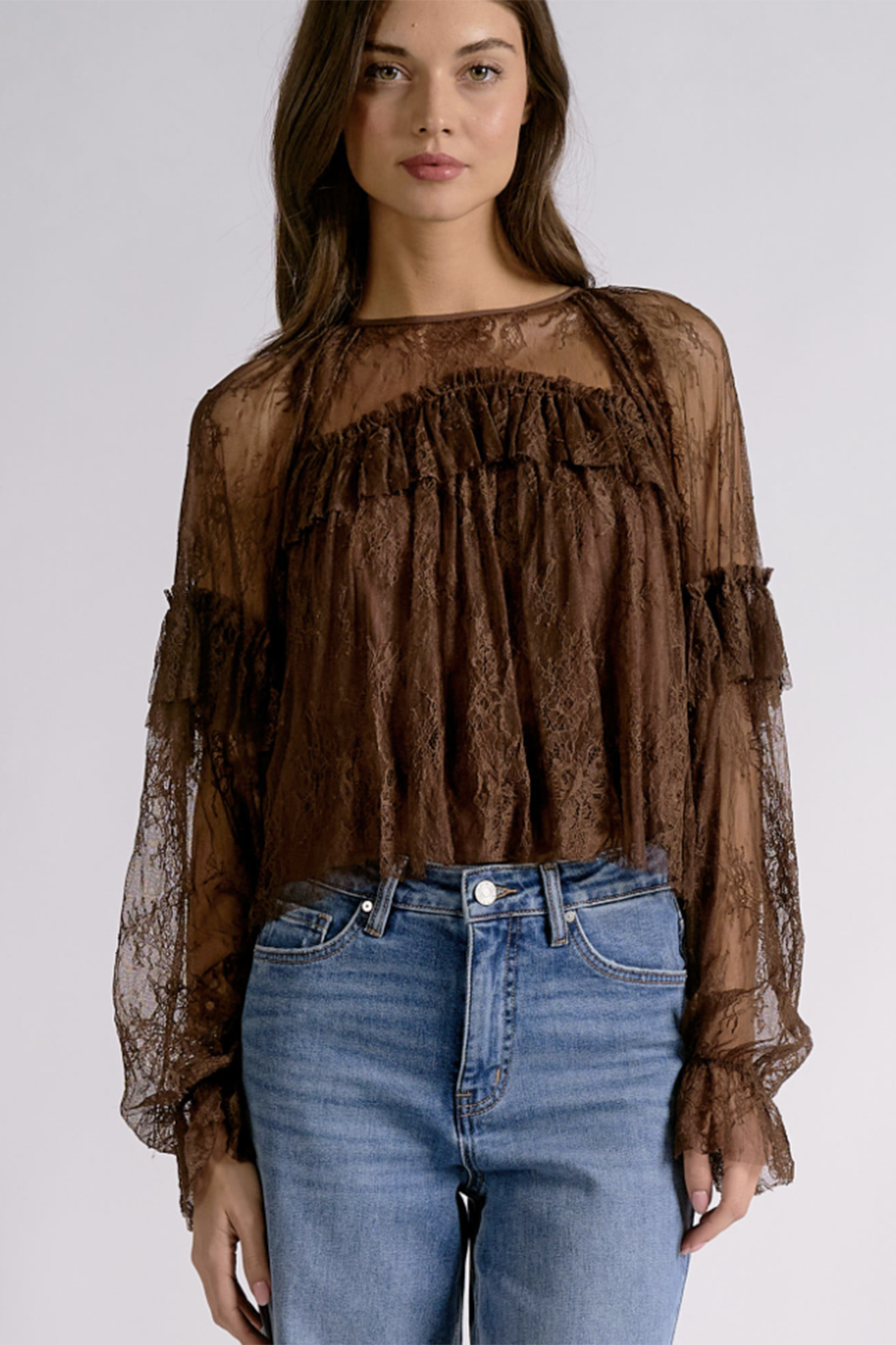 EL Long Sleeve Ruffle Sheer Panel Top - Brown