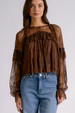 EL Long Sleeve Ruffle Sheer Panel Top - Brown