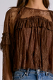 EL Long Sleeve Ruffle Sheer Panel Top - Brown