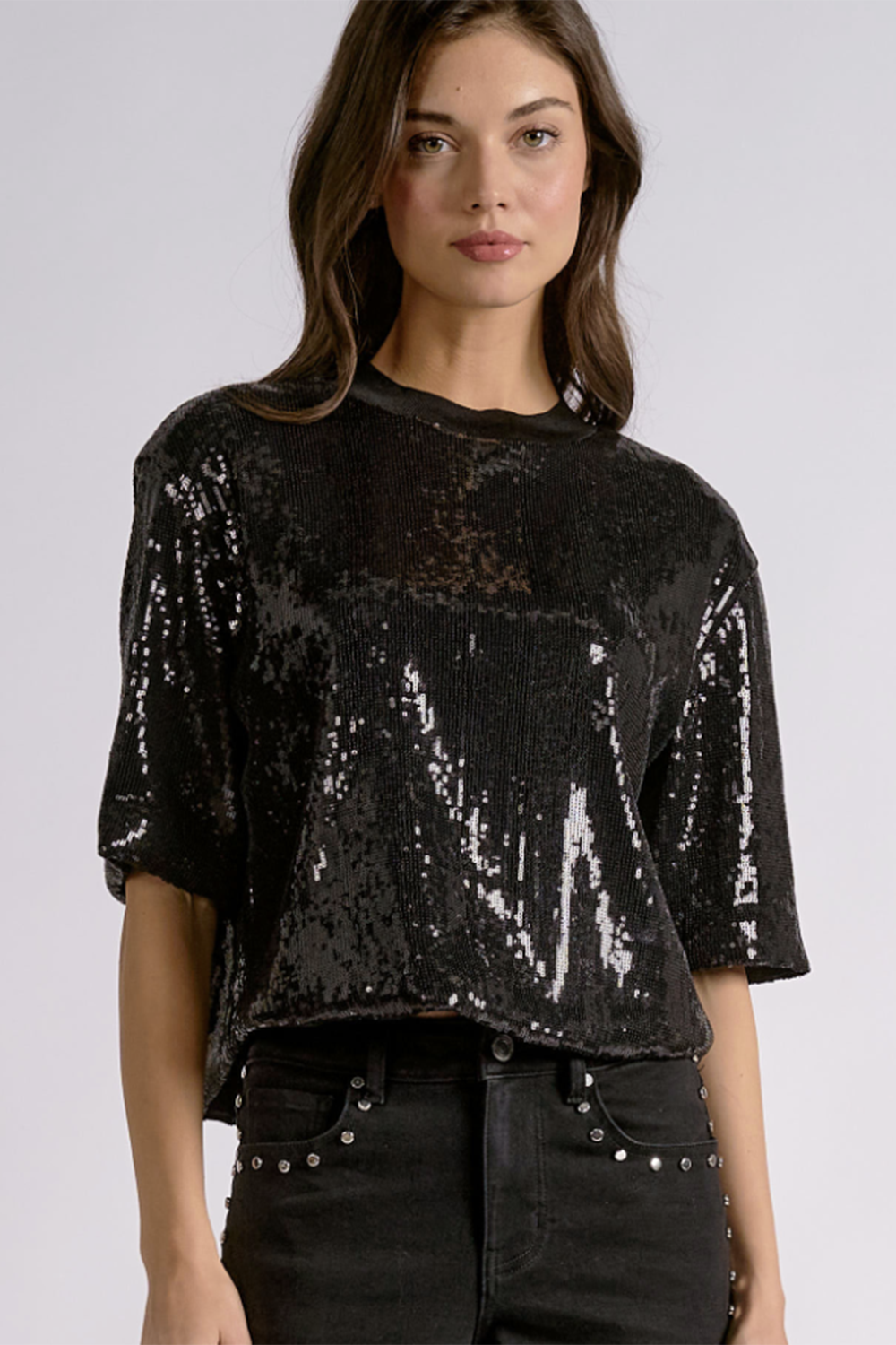 EL Shimmer Crewneck Holiday Top - Black