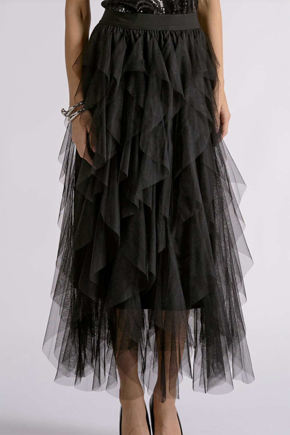 EL Midi Ruffle Tulle Skirt - Black