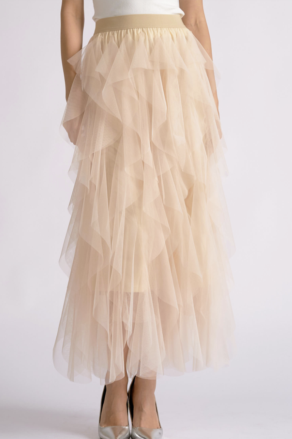 EL Midi Ruffle Tulle Skirt - Beige