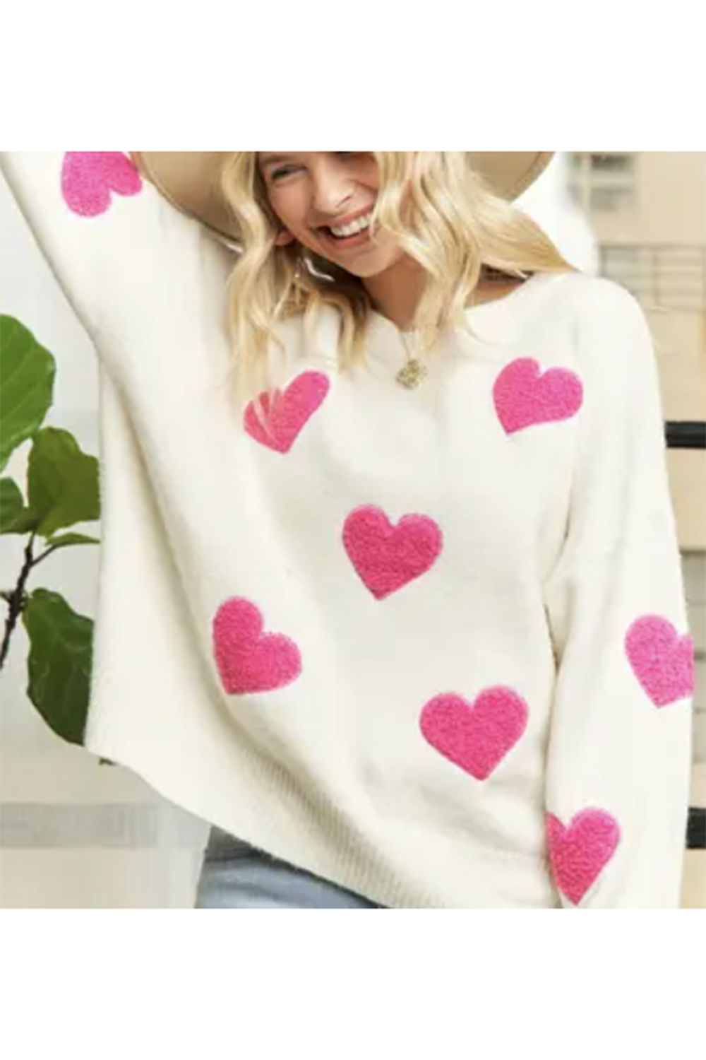 Puff Heart Sweater - Hot Pink on Ivory