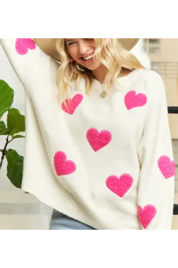 Puff Heart Sweater - Hot Pink on Ivory