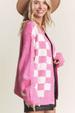 Puff Checkered Sweater Cardigan - Fuchsia