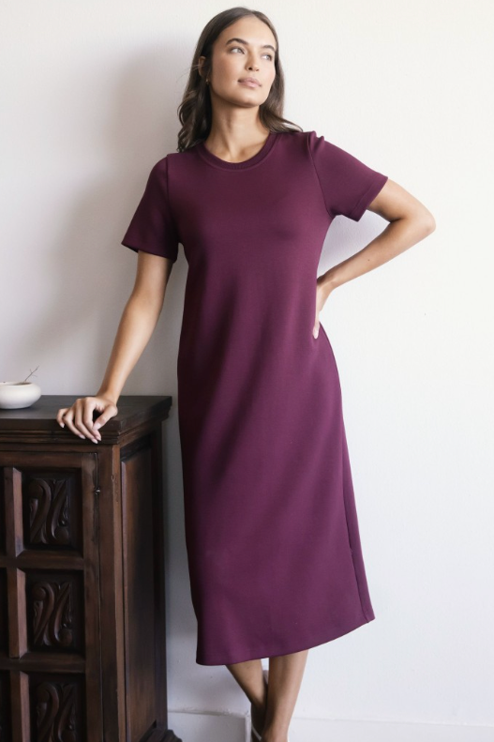 Butter Modal Long Dress with Rib Neckband - Port