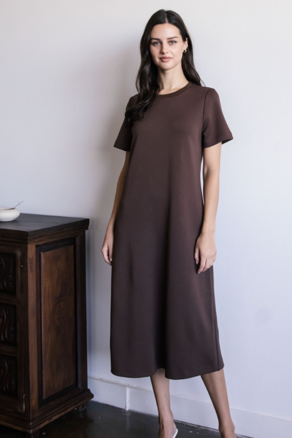 Butter Modal Long Dress with Rib Neckband - Cocoa
