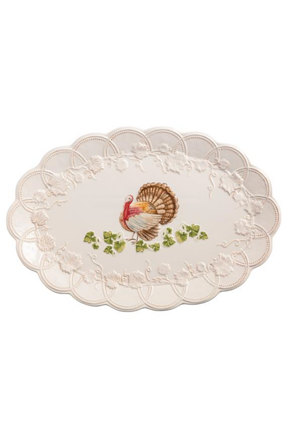 Stoneware Green Leaves Turkey Platter