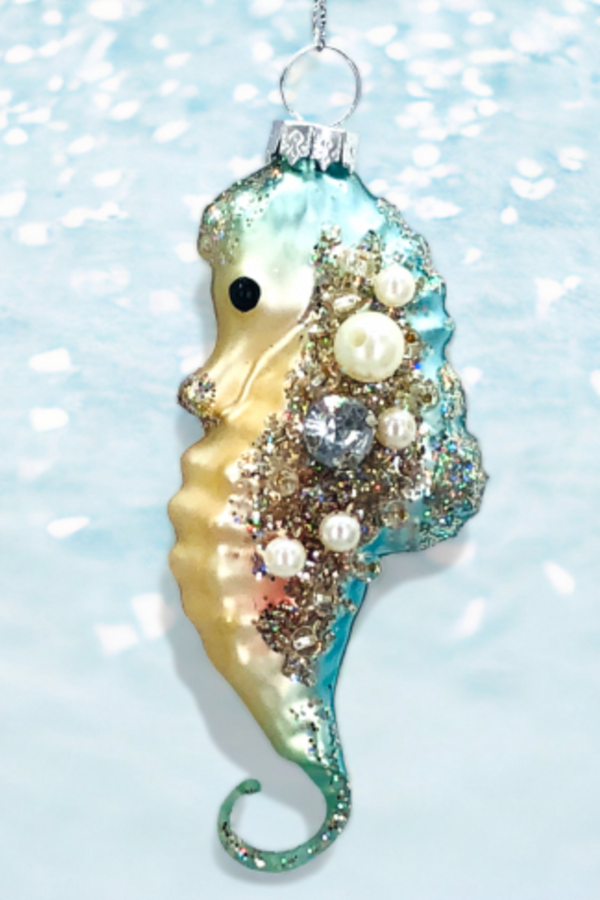 Glass Ornament - Blue and Gold Seahorse