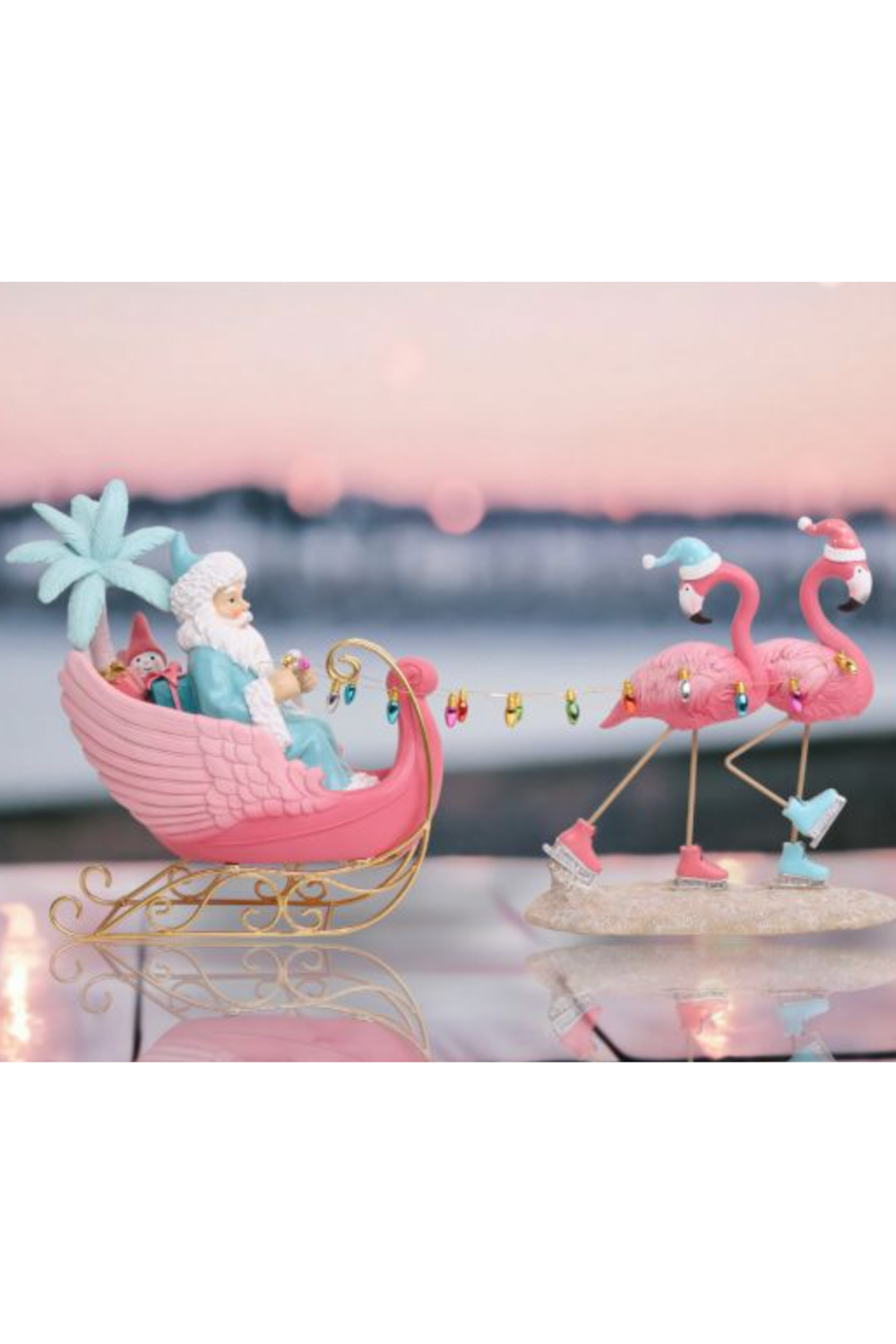 Santa Sleigh with Flamingo Reindeer Figure