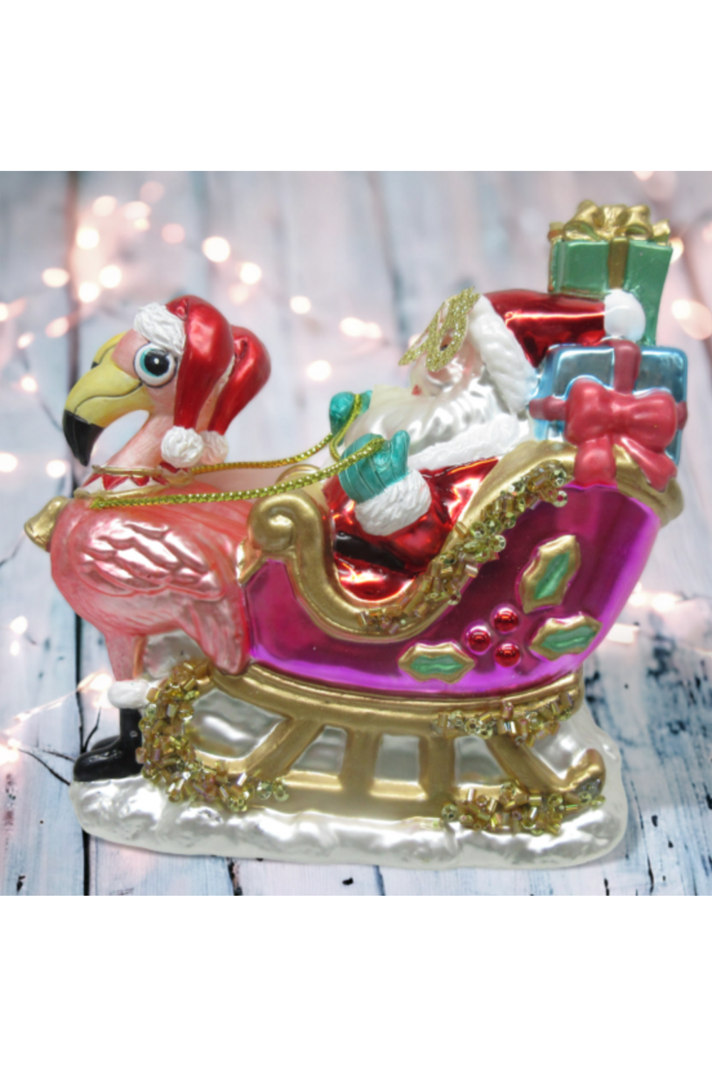 Glass Ornament - Flamingo Sled