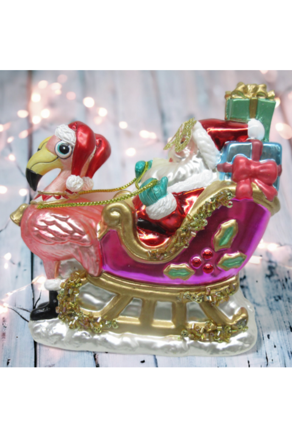 Glass Ornament - Flamingo Sled