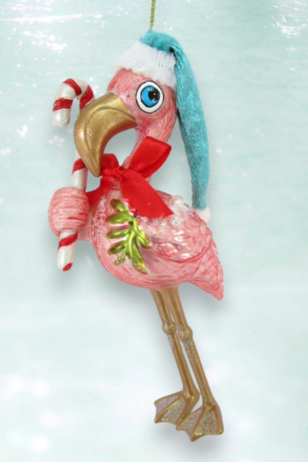 Glass Ornament - Flamingo with Candy Cane
