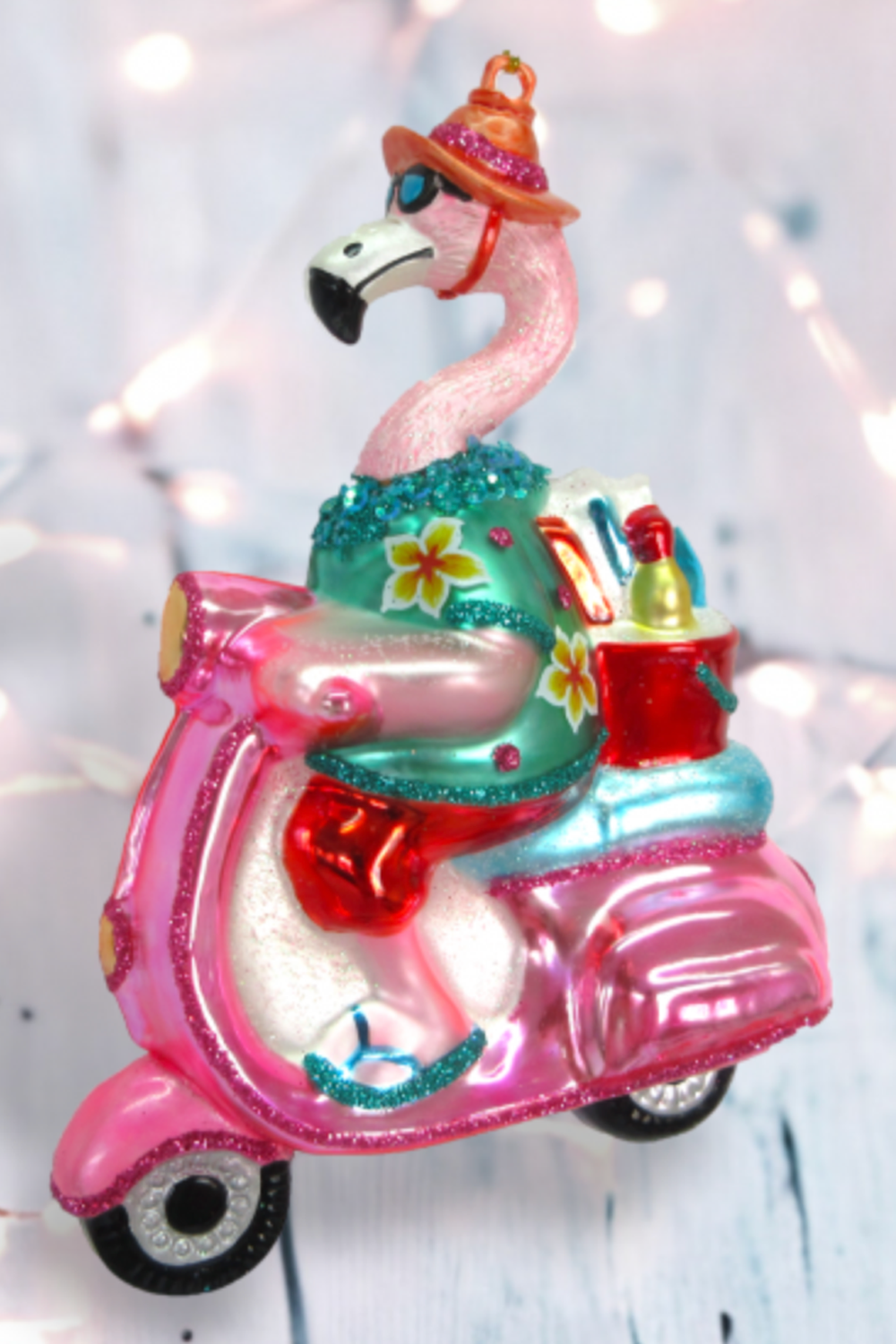 Glass Ornament - Flamingo on Scooter