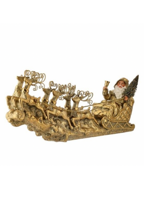 Gold Flying Santa with Reindeer Figure