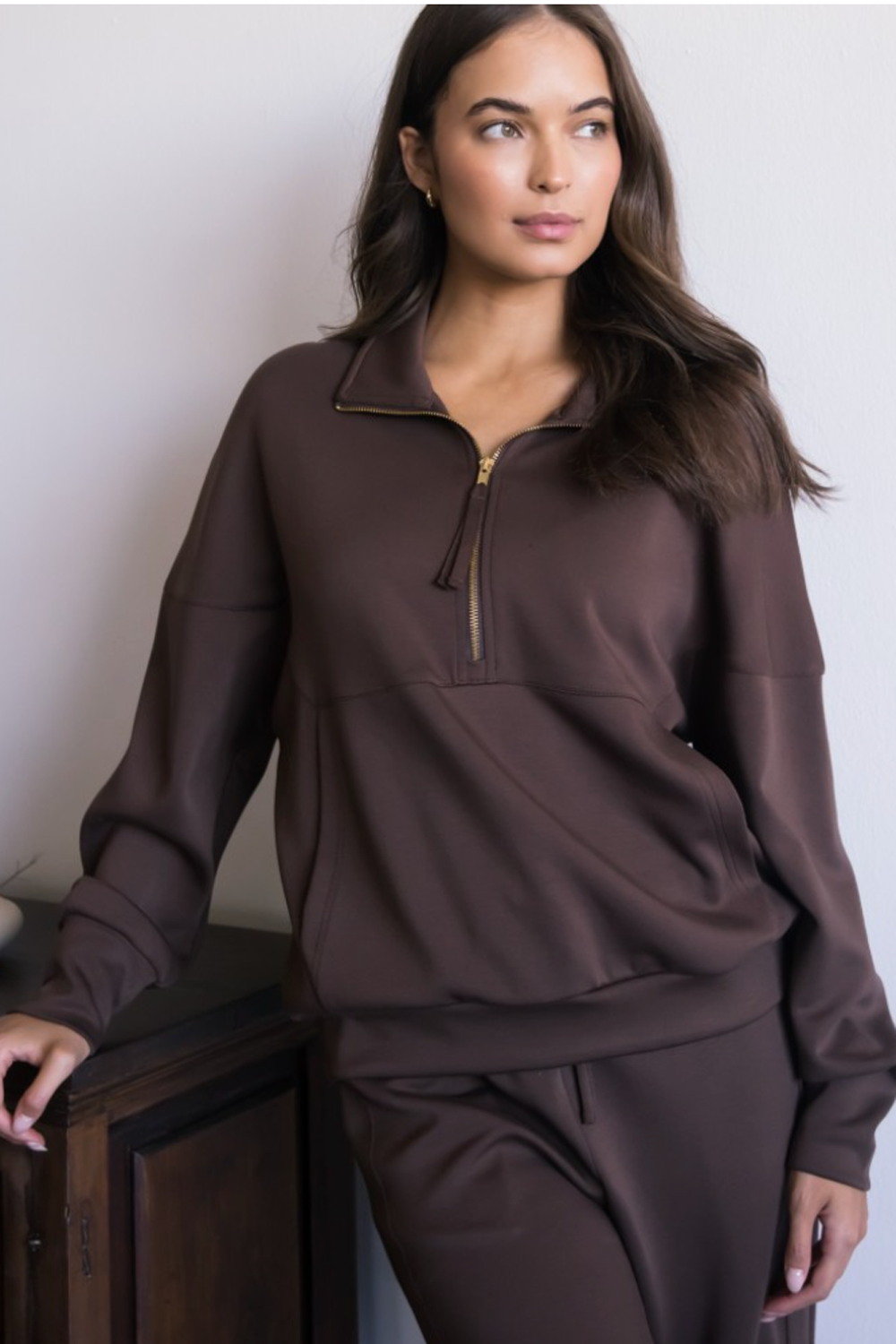 Butter Modal Zip Up Pullover - Cocoa