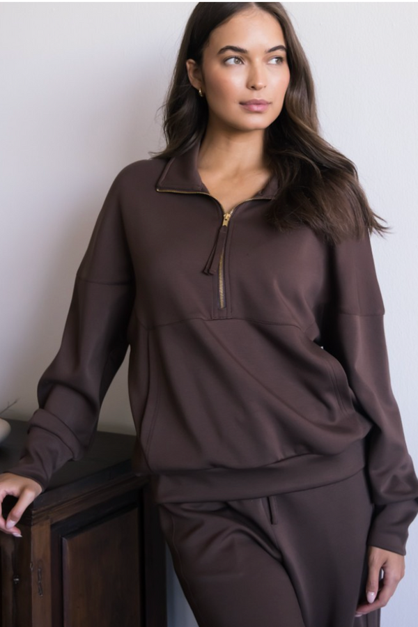 Butter Modal Zip Up Pullover - Cocoa