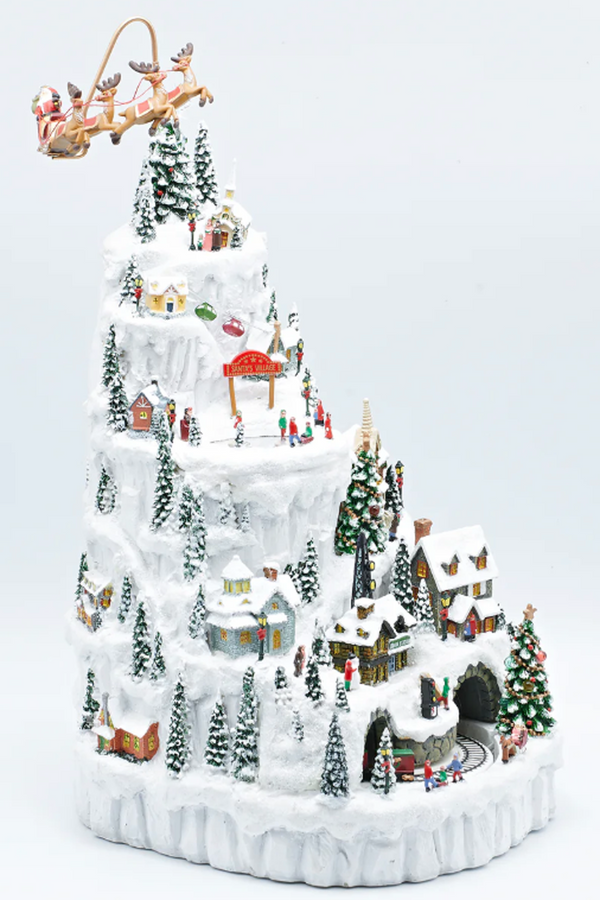Lighted Snowy Muscial Village Mountain with Revolving Santa