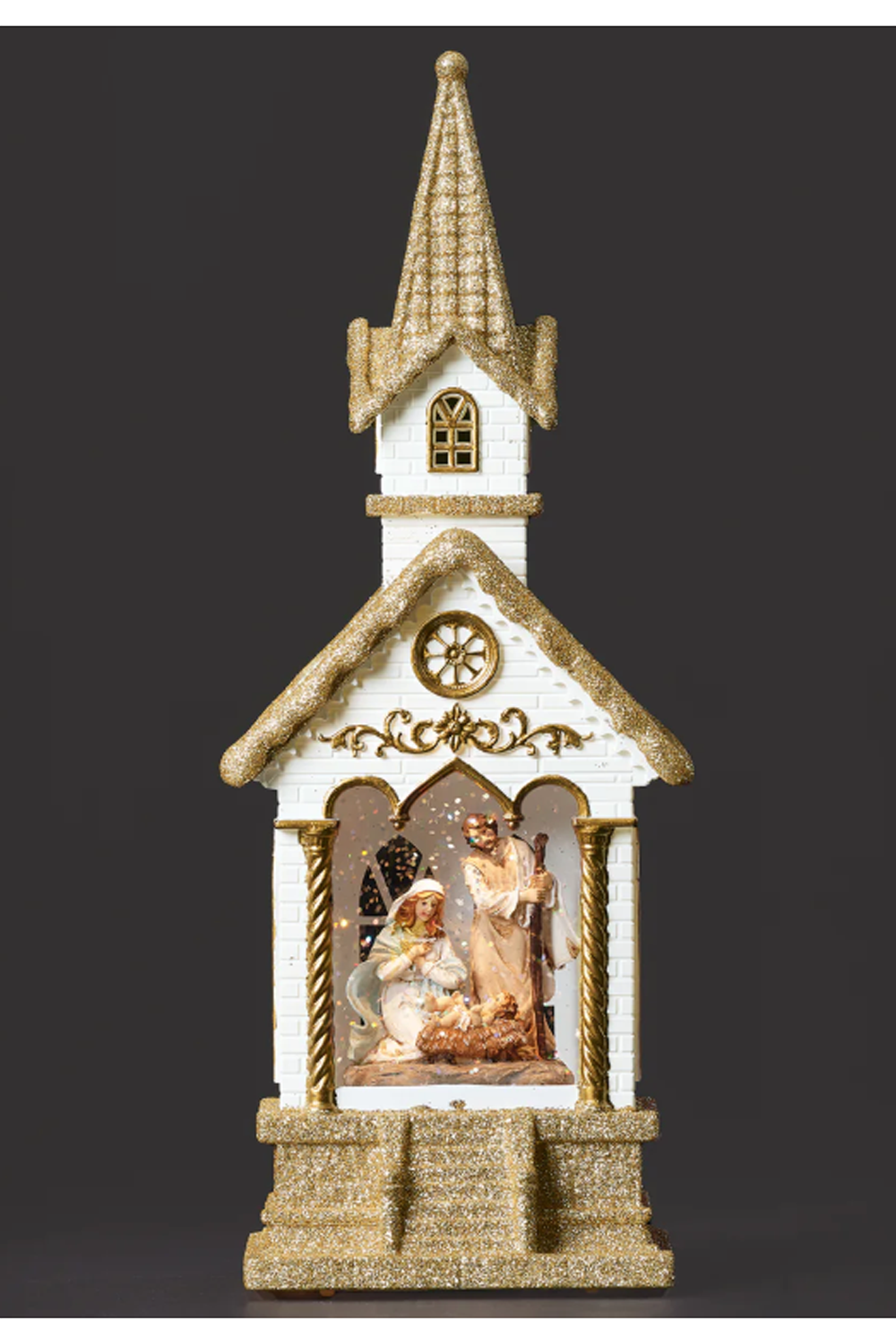 Lighted White Church Nativity