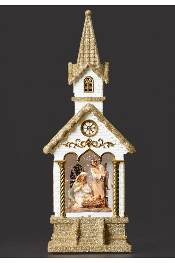 Lighted White Church Nativity