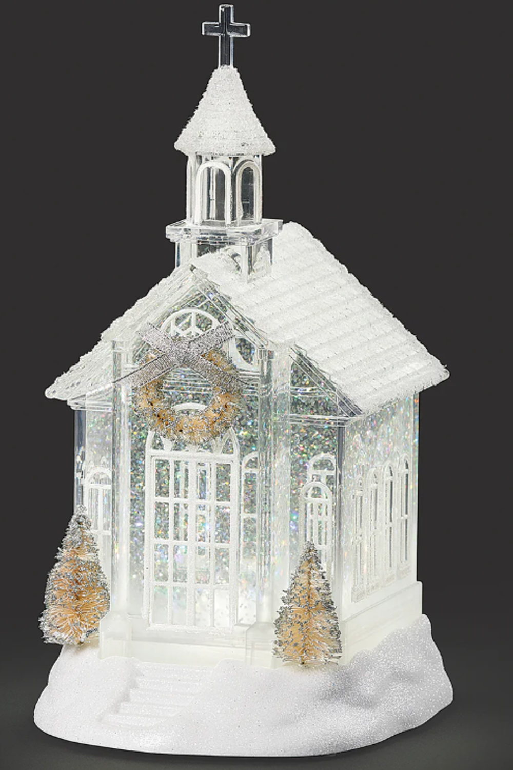 Lighted Swirl Church with Wreath & Gold Trees
