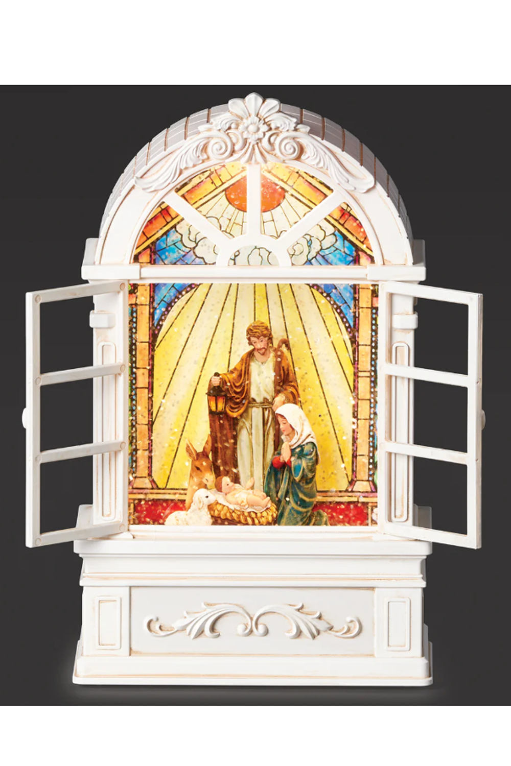 Lighted Holy Family Nativity in Stained Glass Church