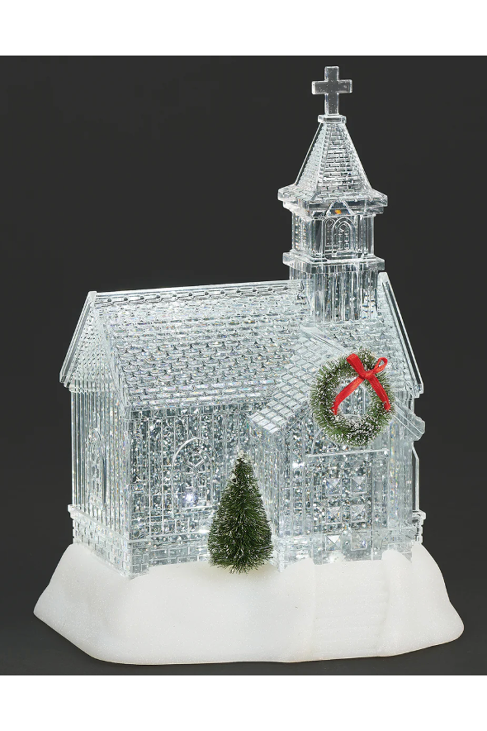 Lighted Clear Church with Green Wreath & Tree