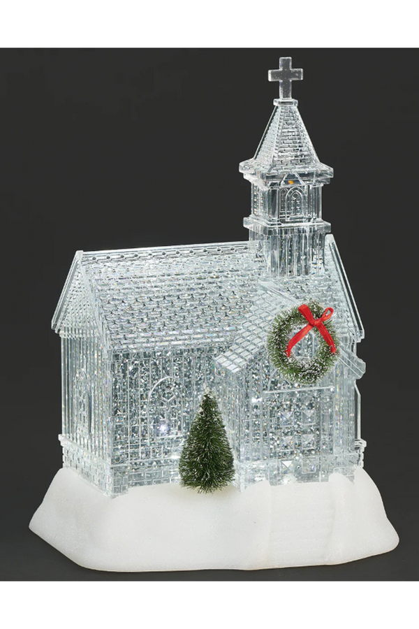 Lighted Clear Church with Green Wreath & Tree
