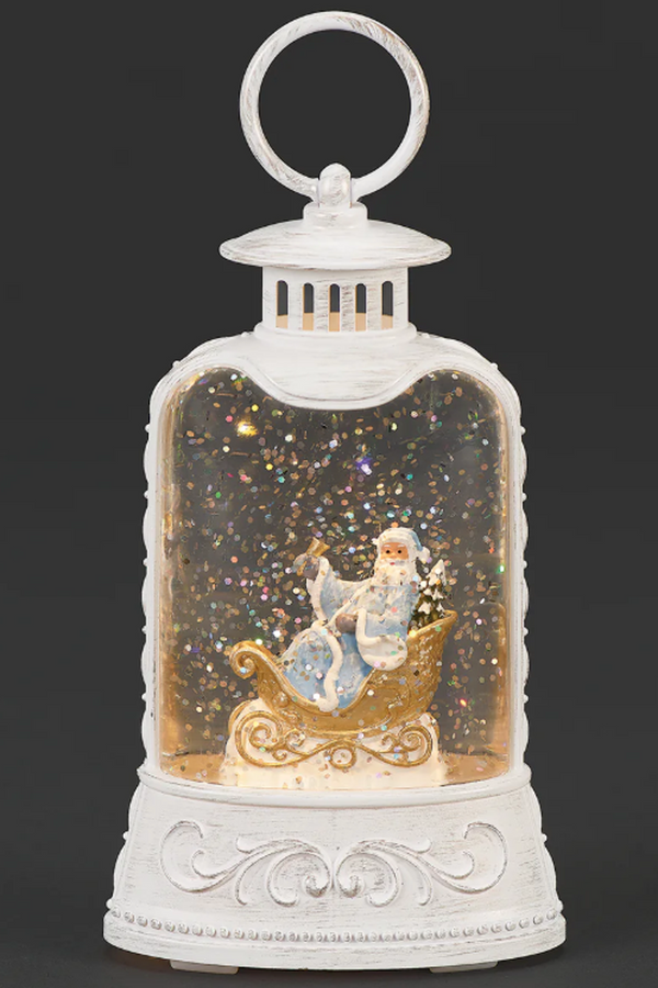 Lighted Blue Santa Sleigh in White Lantern