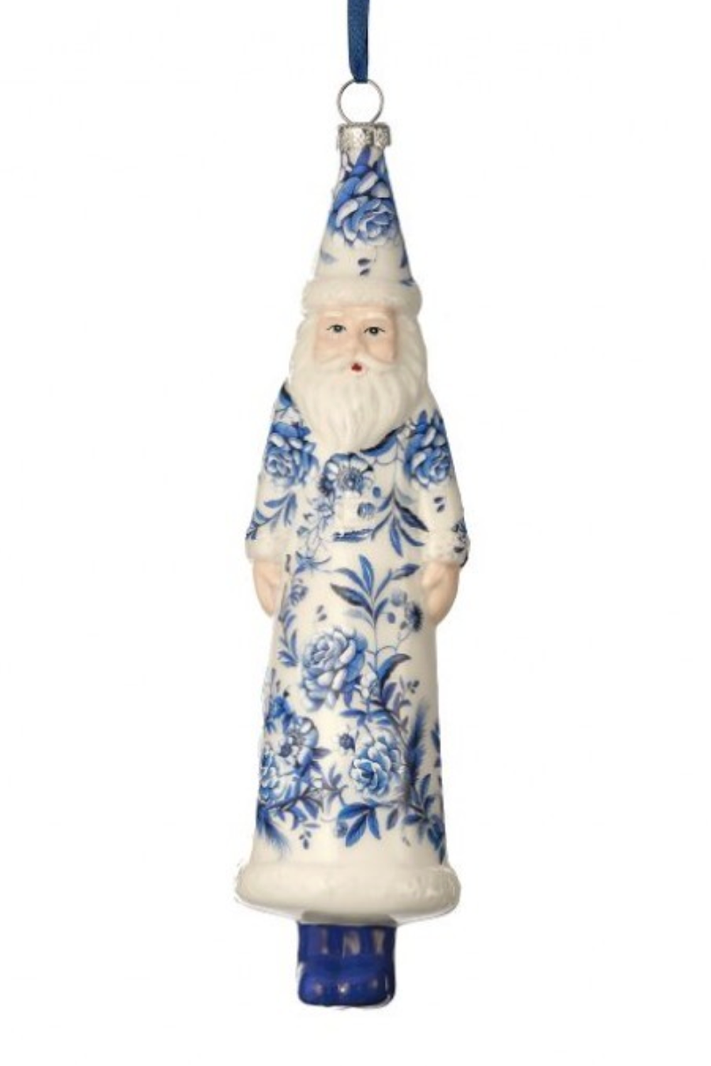 Glass Ornament - Floral Blue Print Santa