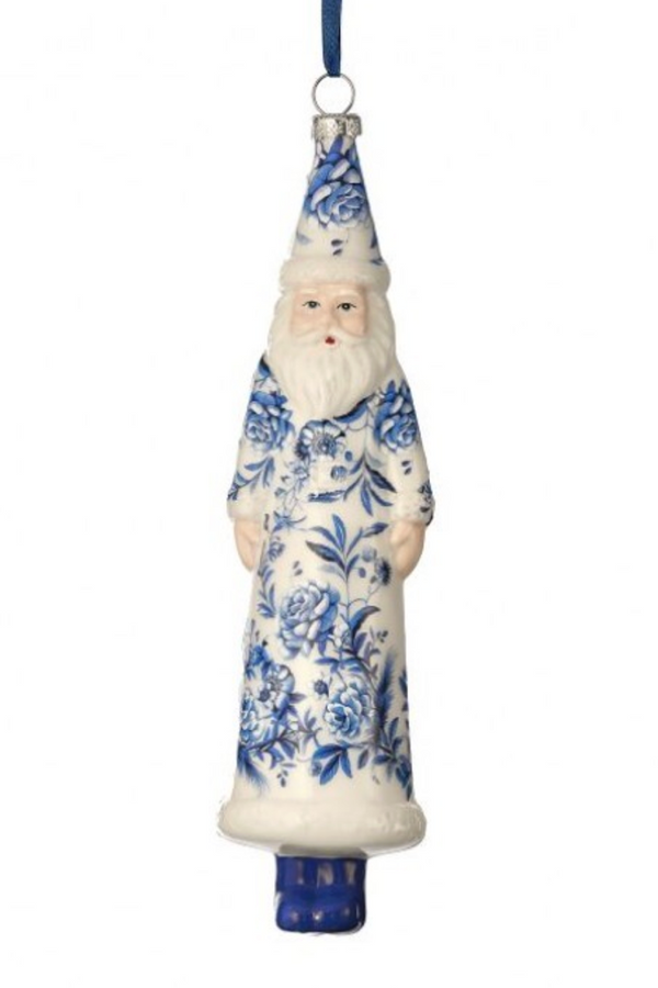 Glass Ornament - Floral Blue Print Santa
