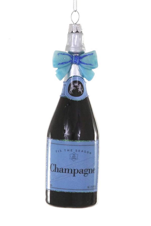 Glass Ornament - Champagne Bottle with Bow Blue