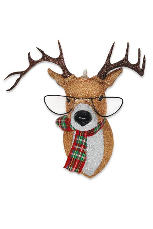 Glass Ornament - Glitter Reindeer in Glasses