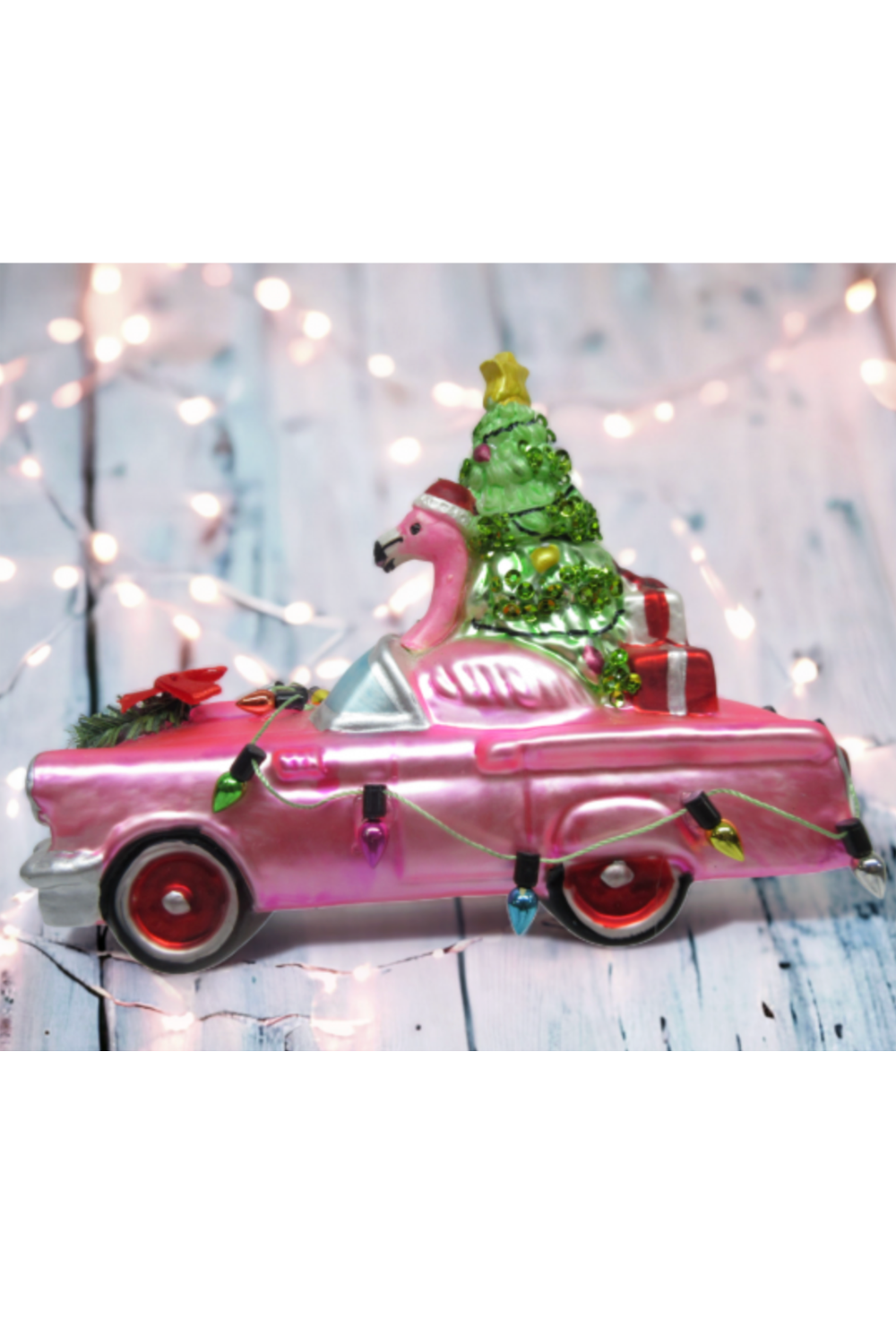 Glass Ornament - Flamingo Riding Pink Car