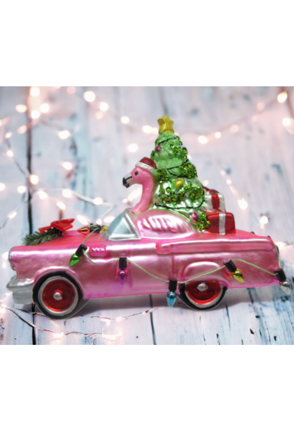 Glass Ornament - Flamingo Riding Pink Car