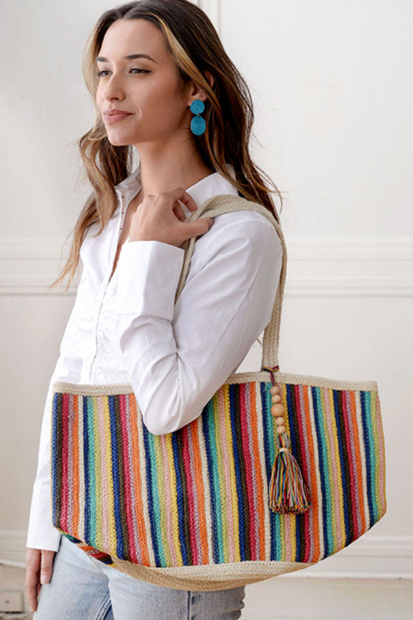 JOY Georgie Wood Bead Tassel Jute Tote - Multi Vivid
