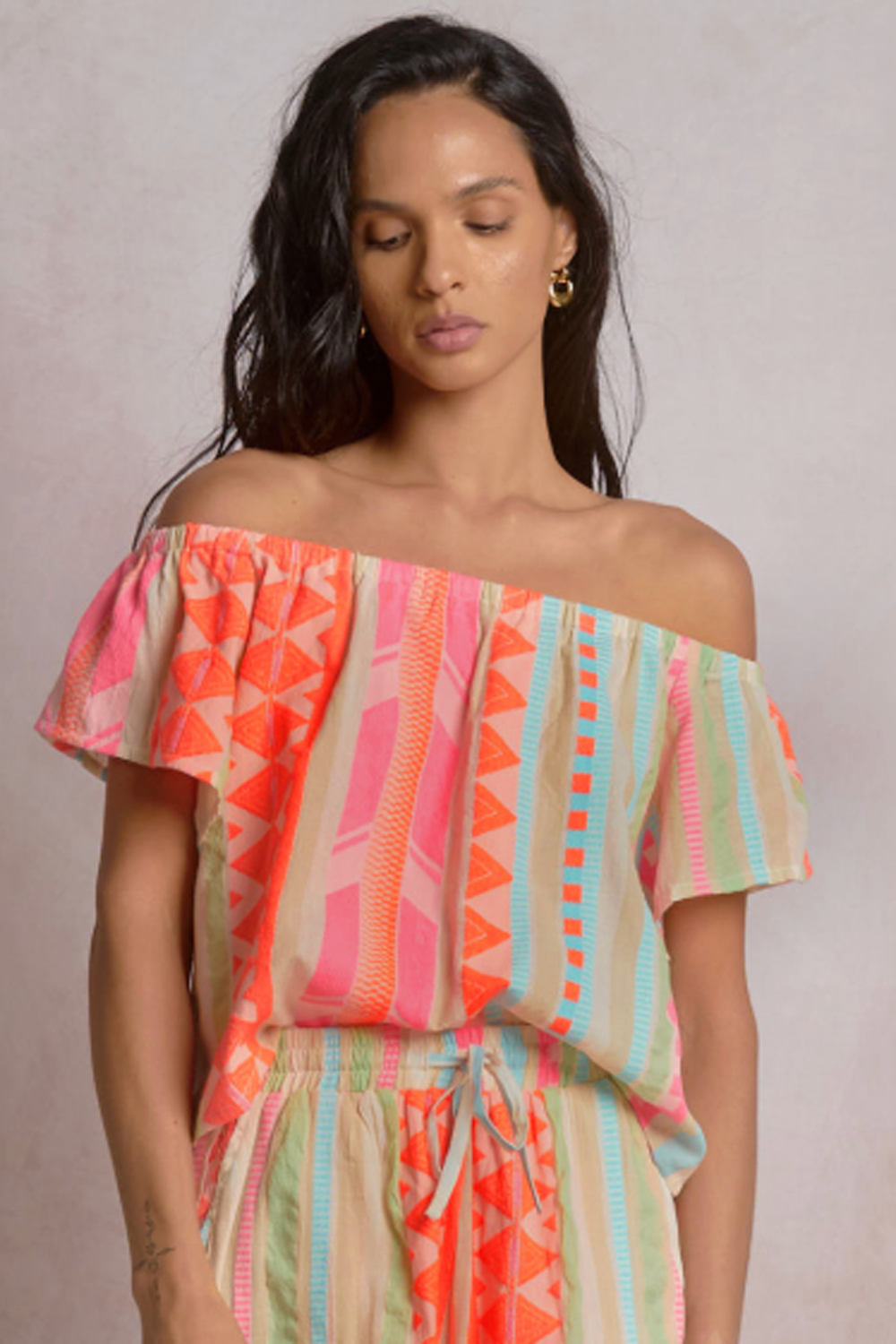 EL Off Shoulder Top - Neon Aztec