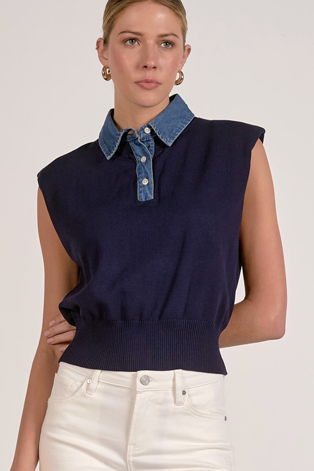 EL Cap Sleeve Mix Media Sweater - Navy