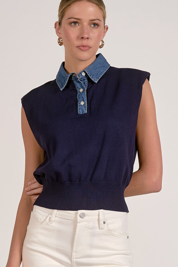 EL Cap Sleeve Mix Media Sweater - Navy