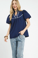 Short Sleeve Ruffle Neck Boat Top - Navy