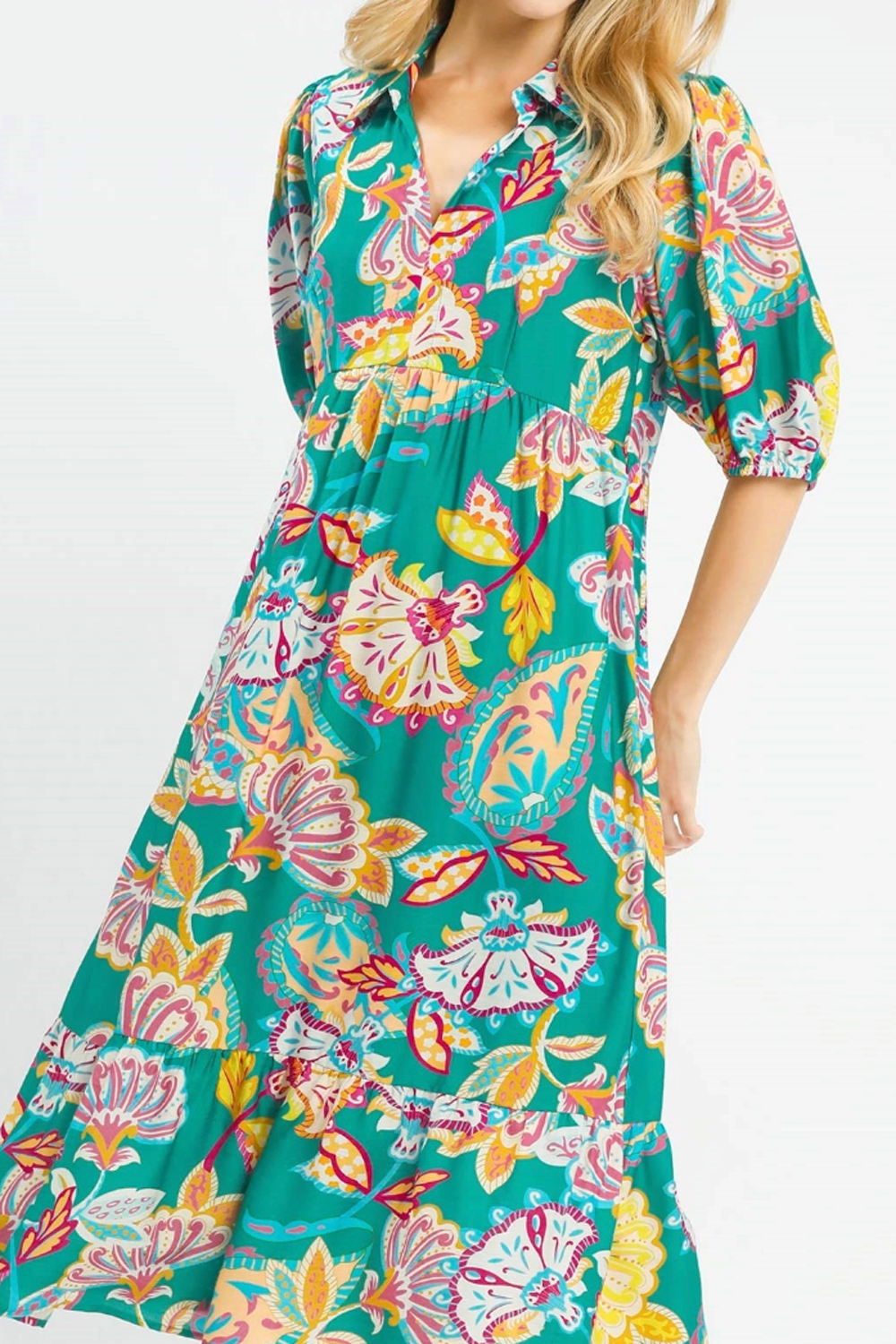 Mix Paisley Print Midi Dress - Emerald Mix