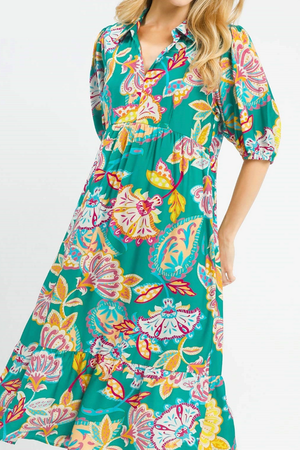 Mix Paisley Print Midi Dress - Emerald Mix